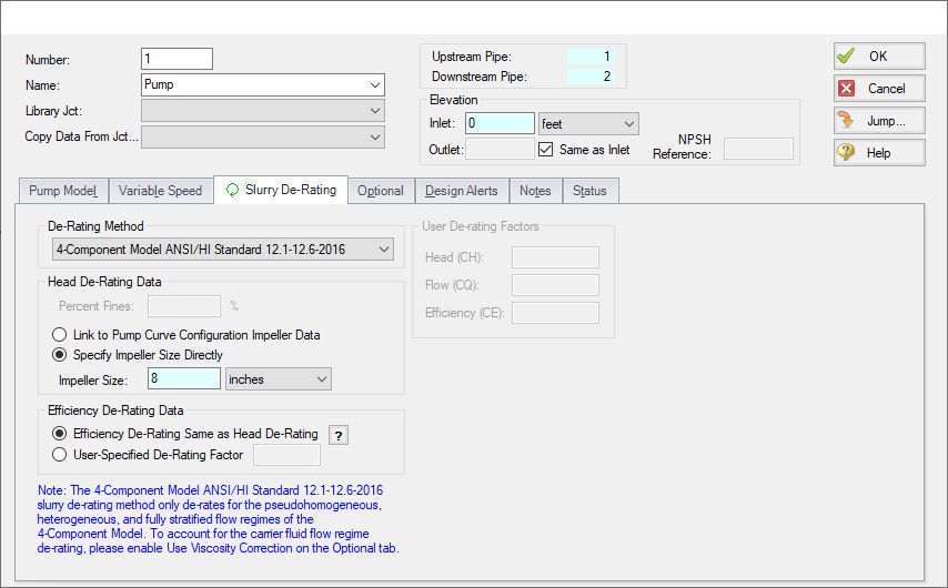 The Slurry De-Rating tab of the Pump Properties window.